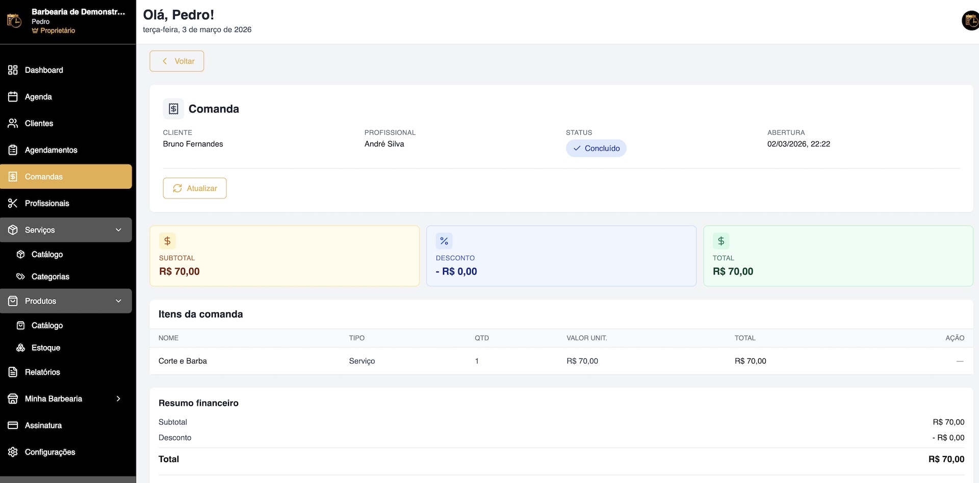 Tela do sistema Barba na Hora - Command Details